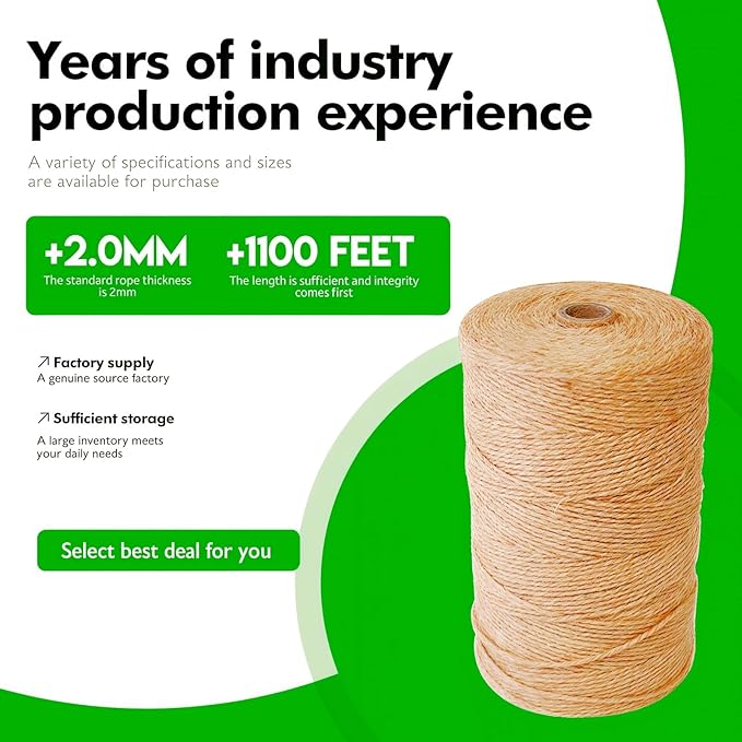 2MM Natural Jute Twine String — 1100Ft Brown Durable Jute Rope, Used for Hand Crochet, Climbing Plant, Gardening Flowers, Home Decorations, Art Crafts Gift Packaging, Weddings, Christmas