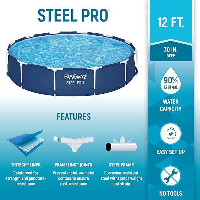 Bestway Steel Pro 12 feet x 30 inches Round Above Ground 1,710 Gallon Pool Set with DuraPlus Liner, 530 Gallon Pool Filter, and Repair Patch