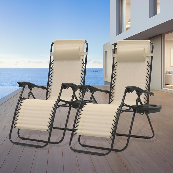 Athena Collection Zero Gravity Chair, Outdoor Lounge Chair with Adjustable Pillow and Cup Holder, Reclining Camping Chair for Outside Beach Lawn Garden Patio Poolside Set to 2- Cream