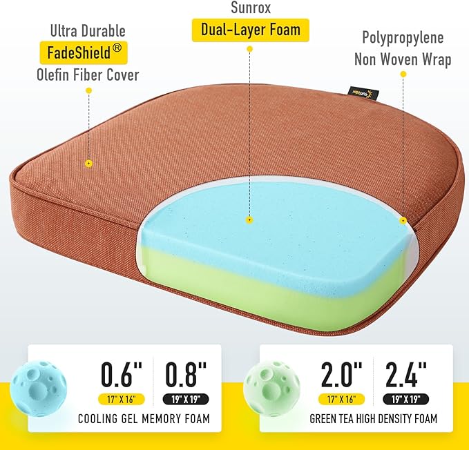 SUNROX Gel Memory Foam Chair Cushions, FadeShield Water-, Stain-Resistant Durable Reversible Seat Cushion Pads with Ties for Indoor/Outdoor Kitchen Dining Office 17"x16" Set of 6, Terracotta