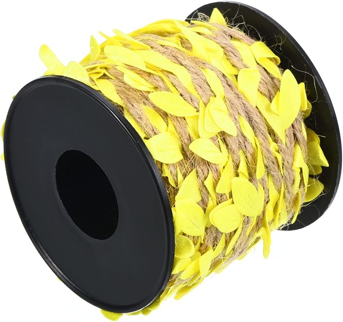 PATIKIL 33ft 5mm Burlap Leaf Ribbon, Braided Decoration Vine Natural Jute Rope Twine with Artificial Leaves for Jungle Wedding Party Home Garden Decor, Yellow