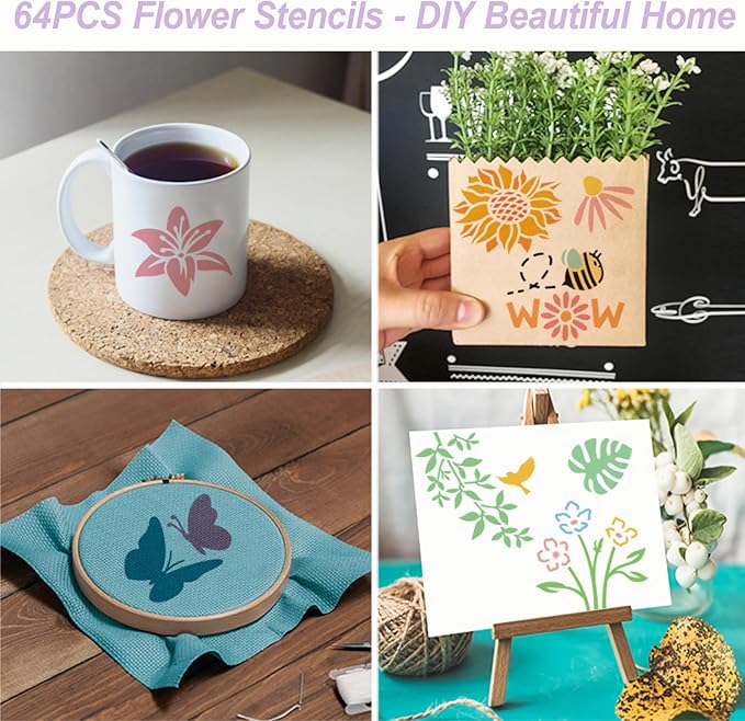 Flower Stencils for Painting, Professional Art Drawing Templates 64PCS 3x3 Clear PET Plastic with Rose Sunflower Patterns for Home Wall Art, Canvas Painting, Furniture Decor and DIY Crafts