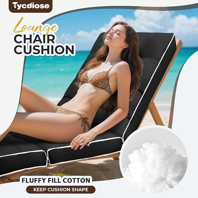 Outdoor Chaise Lounge Chair Cushion, Waterproof Non-Slip Patio Chaise Lounge Cushions for Outdoor Furniture, Thickened Patio Pool Lounger Chair Cushion, 76.4 x 22.8 x 4.7 Inches, Black