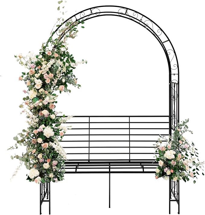 VINGLI Garden Arbor Arch, Wedding Arch Archway for Ceremony Party, Durable Steel Trellis for Plant Climbing, Christmas Decorations Pergola for Backyard, Lawn, Patio, Yard (with Bench)