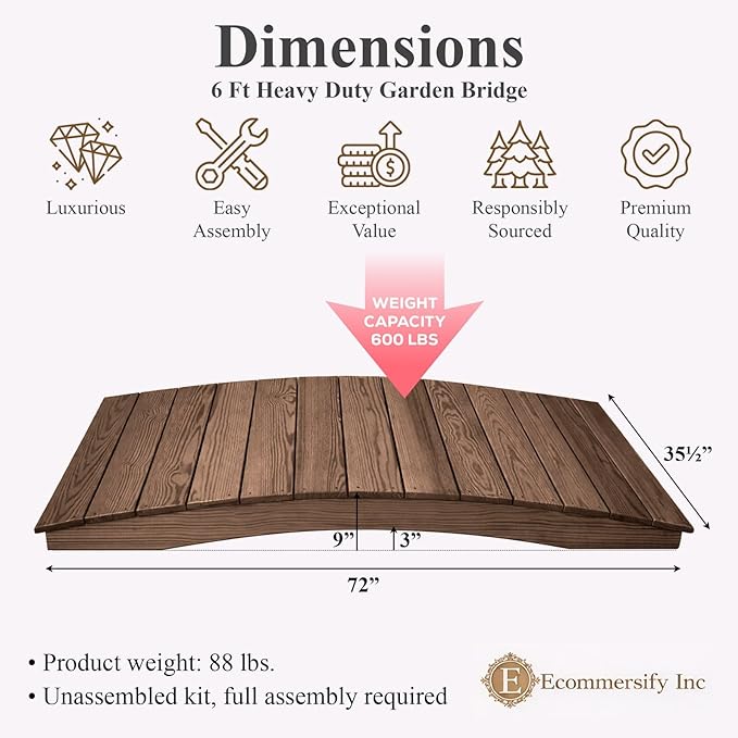 6 FT WALNUT Amish Made Pinewood Heavy Duty Garden Bridge for Walkway, Backyard Pond & Landscaping, Outdoor Wooden Footbridge for Koi Pond, Japanese Style Decorative Bridge, Made in USA