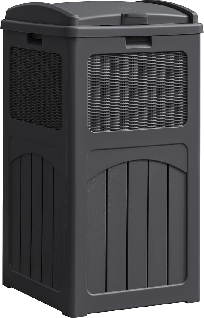 YESHOMY 33 Gallon Resin Outdoor Trash Can with Lid, Hideaway Waterproof Patio Garbage Bin, Gray