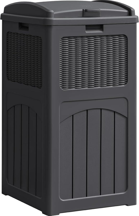 YESHOMY 33 Gallon Resin Outdoor Trash Can with Lid, Hideaway Waterproof Patio Garbage Bin, Gray