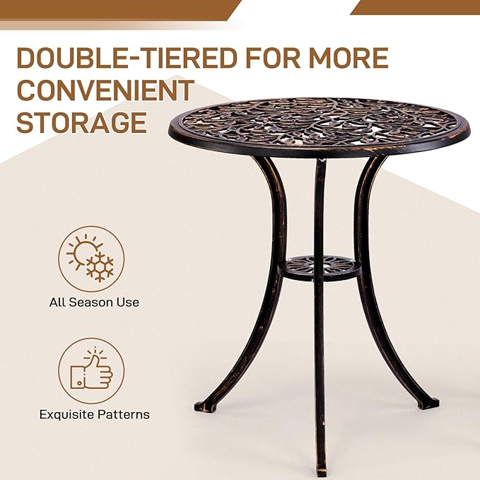 VINGLI 3 PCS Outdoor Bistro Set, Outdoor Patio Set, All-Weather Cast Aluminum Bistro Table Set, Bistro Table and Chairs Set of 2 for Backyard, Garden, Balcony (Bronze, Leaf)