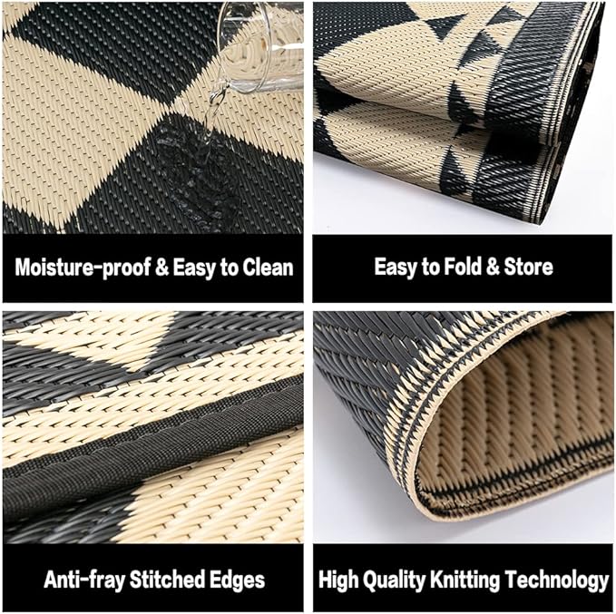 HUGEAR Outdoor Rug for Patios Clearance,Waterproof Mat,Large Outside Carpet,Reversible Plastic Straw Camping Rugs,Rv,Porch,Deck,Camper,Balcony,Backyard (6x9,Checkered/Black&Beige)