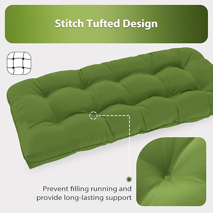 Tufted Bench Cushions for Outdoor Furniture, 44" x 19" Porch Swing Cushions Filled with Foam, Overstuffed Patio Cushions for Bench Loveseat with 2-3 Seats,Thick and Water Resistant, Grass Green