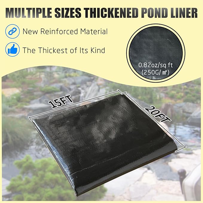 15X20FT Reinforced PE Pond Liner, KOI Pond Liners for Outdoor Ponds, Enhanced 5-Layer Structure Pond Liner for Fish, Duck, Garden Raised Bed and Waterscape Pond(0.82oz/sq ft Thickness)