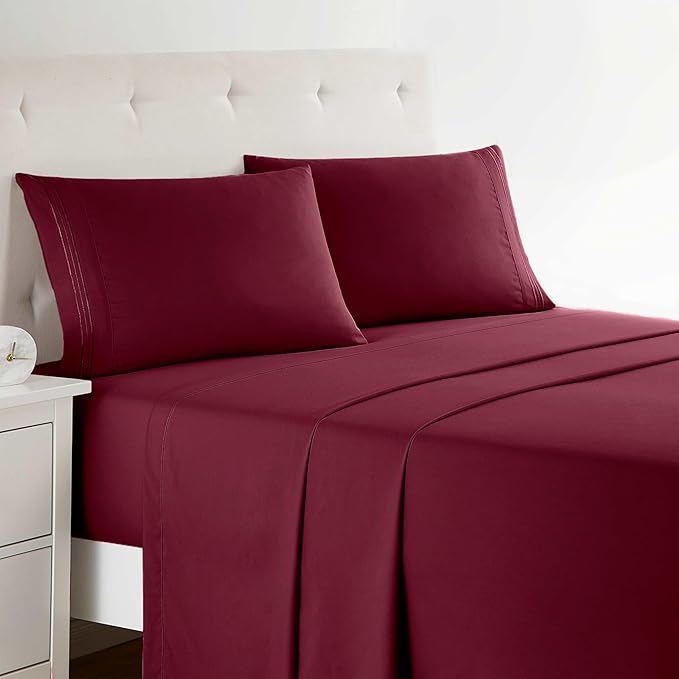 Clara Clark Bed Sheets, Premier 1800 Series 4 Piece Bed Sheet Set, Deep Pocket, Wrinkle, Fade, Stain Resistant, Luxury Soft Bedding Sheets & Pillowcases, Split King, Burgundy Red