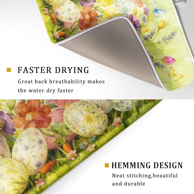 Easter Bunny Dish Drying Mat 18x24 Inch Eggs Floral Green Drying Pad for Kitchen Counter Washable