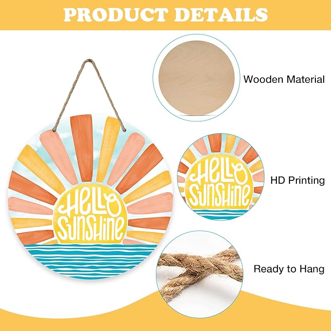 Hello Sunshine Sun Summer Front Door Sign, Spring Boho Sunset Over The Sea Wood Door Hanger Outdoor Outside Porch Decor, Bohemian Ocean Wooden Wreath Indoor Wall Hanging Decoration