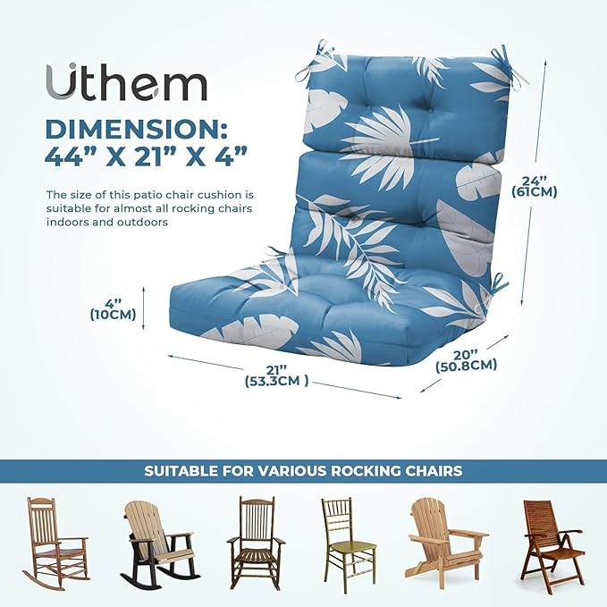 4 Pack Rocking Chair Cushion, Waterproof Chairs Cushions for Adirondack Chairs Patio Chair High Back Thicked Cushions Outdoor and Indoor with Ties，Blue Leaf