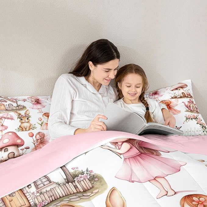 Erosebridal Pink Fairy Garden Queen Comforter Set - Mushroom Floral Bedding Sets for Girls Kids, Butterfly Flower Bunny Bed Set | Kawaii Fairies Girly Room Decor with 2 Pillowcases
