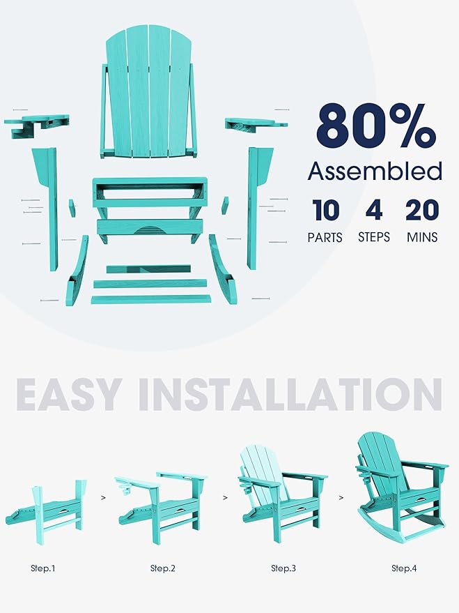 KINGYES Adirondack Rocking Chair Set of 4 with Retractable Ottoman and Cup Holders, HDPE Adirondack Rocker Patio Rocking Chair for Porch, Patio, Balcony, Aqua Blue