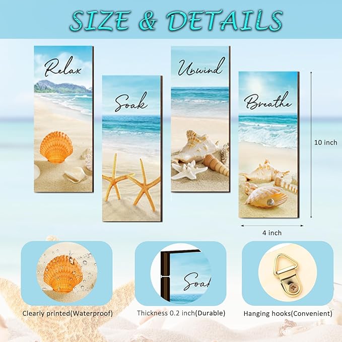4 Pieces Beach Bathroom Decor Ocean Beach Wall Decors Relax Soak Unwind Breathe Blue Wall Art Hanging Sign Seashell Starfish Wooden Sign for Bathroom Living Room Laundry Spa Washroom(beach, 10x4 Inch)