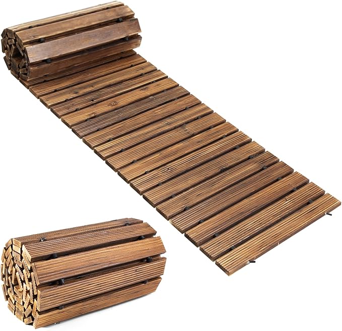 LINSHRY 12FT Wooden Garden Pathway, Outdoor Roll Out Decorative Garden Walkway, Weather-Resistant Non-Slip Hardwood Pathway for Garden, Backyard, Beach, Wedding Party Pathways(Dark Brown)