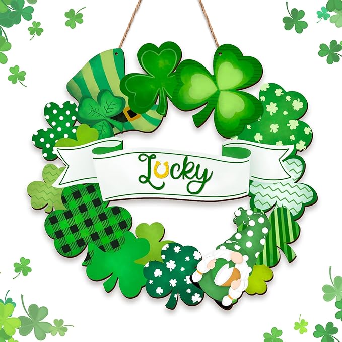 St. Patrick's Day Shamrock Door Sign, 11.5" Shamrocks Welcome Sign For Front Door Spring Rustic For Happy St. Patrick's Day Party Front Door Wall Home Decorations with Rope Outdoor Indoor Decor
