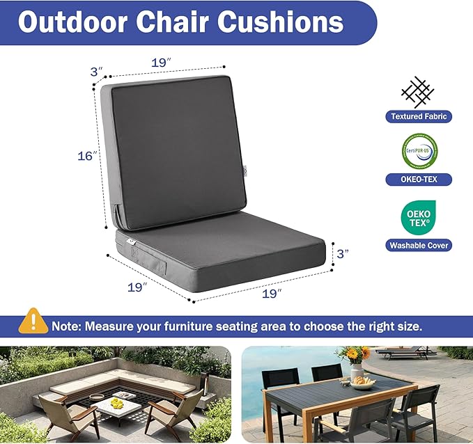 Outdoor Cushions, Outdoor Chair Cushions 19x19x3 Inch, Cushions for Outdoor Furniture with Removable Cover, Waterproof & Fade Resistant Outdoor Seat Cushions for Patio, Lawn, Dark Grey