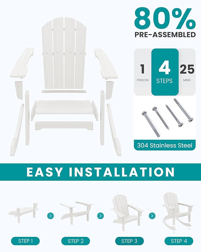 SERWALL Outdoor Adirondack Rocking Chairs Set of 2, All-Weather HDPE Adirondack Rocker Chair, Front Porch Rocker Chairs for Patio Lawn Porch Deck, White