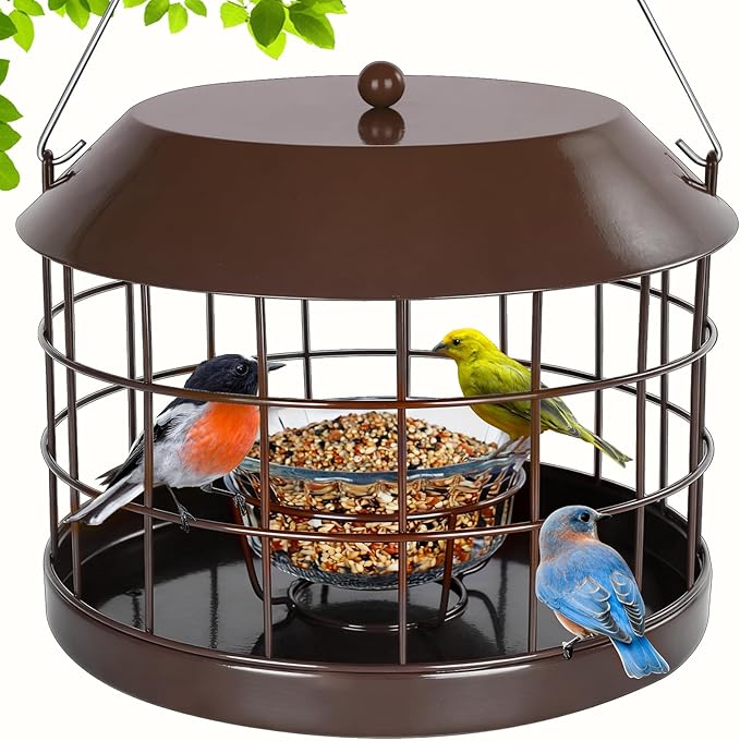 Caged Bluebird Feeder for Mealworms with Glass Bowl, Squirrel Proof Bird Feeder for Small Birds Only, Detachable Hook, Large Space, Outdoors Weatherproof, Metal, Brown