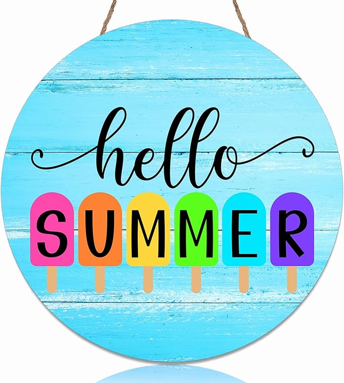 Hello Summer Wooden Door Sign, 12 Inch, Blue, Rustic, Nature Theme, Hanging Ornament, Door Mount, 1 Count