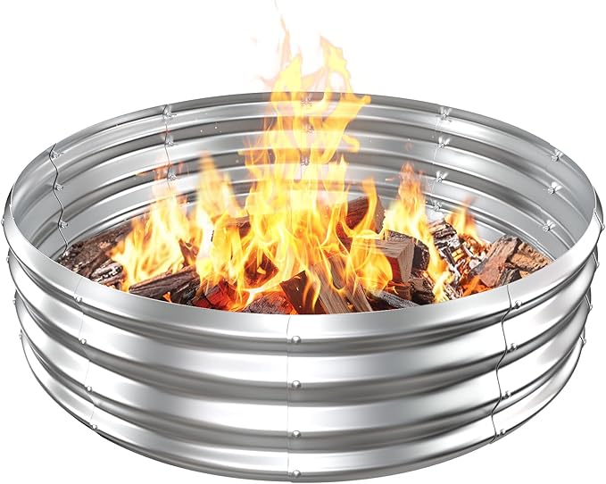 Metal Fire Pit Ring/Bonfire Fire Ring- 4 FT Diameter, 0.8 MM Thick,1 ft High, Durable and Stylish for Outdoor Fire Pits,Patios and Camping (Silver, 4X4X1 ft)