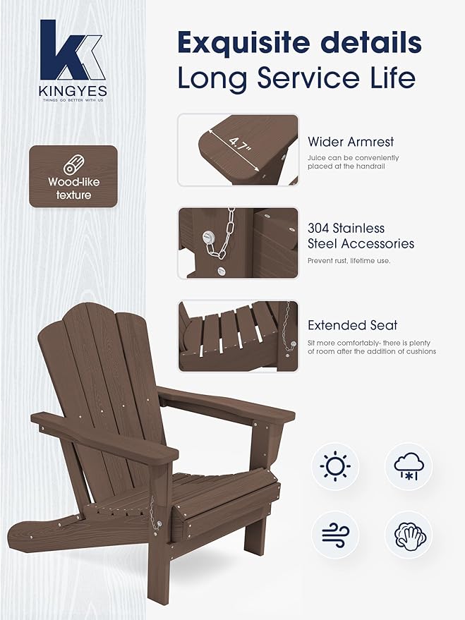 KINGYES Folding Adirondack Chair, HDPE All-Weather Patio Chairs, Wooden Textured Lawn Chair for Poolside, Backyard, Deck, Fire Pit, Brown
