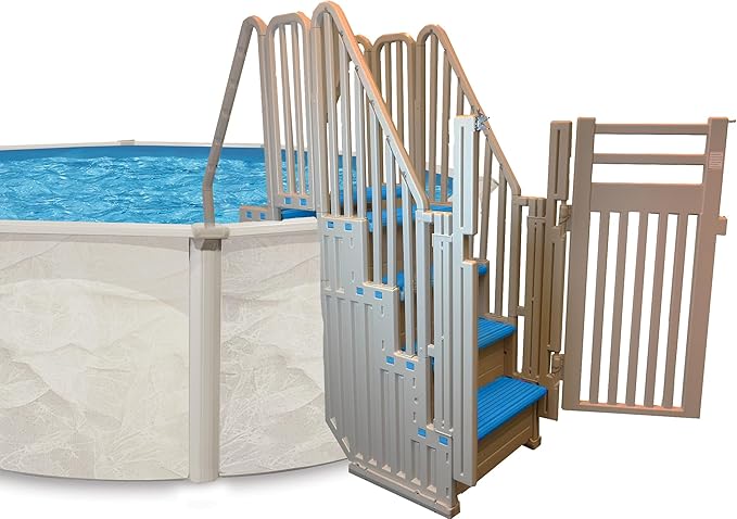 Confer Plastics Step Enclosure System: Above Ground Entry System, Dual Handrails, Slip-Resistant Steps, Supports 400 lbs, Easy Install – Made in USA, Warm Grey with Blue Step-1X Treads