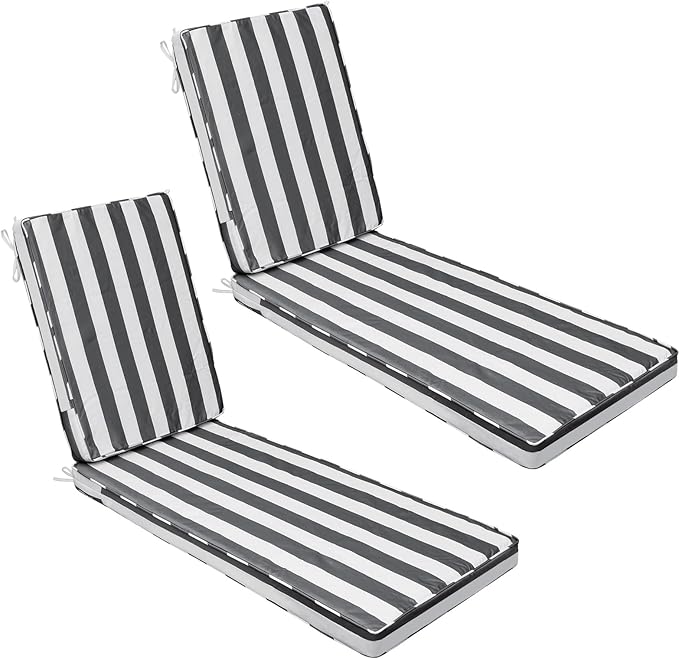 AAAAAcessories Outdoor Chaise Lounge Cushions, Fade-Resistant, Waterproof Patio Furniture Replacement Cushions, 80" x 26" x 3", Set of 2, Gray Cabana Stripe