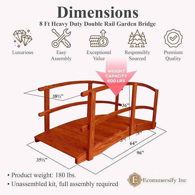 8 FT Cedar Amish Made Garden Bridge with Double Rails for Walkway, Backyard Pond & Landscaping, Outdoor Wooden Footbridge for Koi Pond, Japanese Style Decorative Bridge, Made in USA
