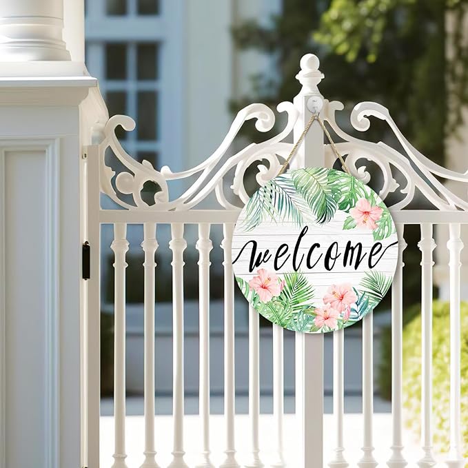 Summer Tropical Welcome Palm Leaf Sign for Front Door Wooden Green Palm Leaves Flower Door Signs Summer Floral Round Door Hanger for Wall Home Office Decorations