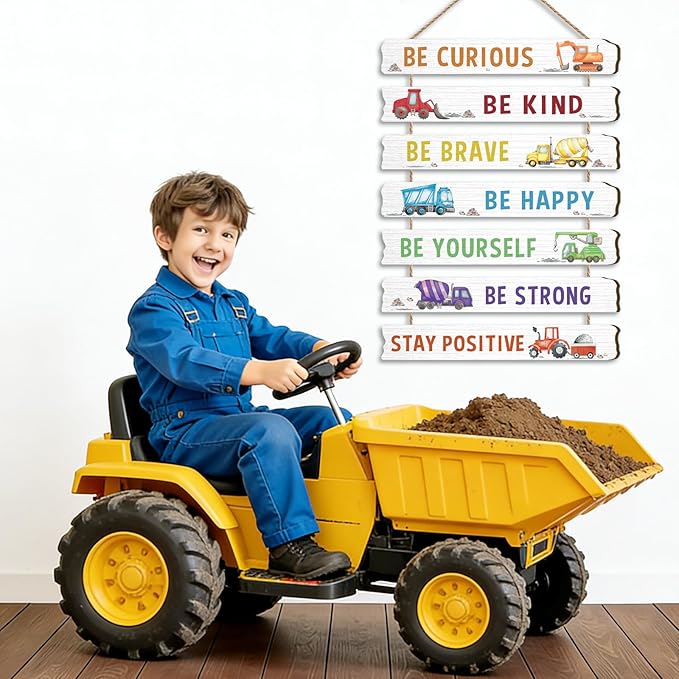 HLNIUC Construction Room Decor for Boys,Motivational Transportation Positive Quotes Hanging Plaque,Cartoon Truck Wall Art,Inspiring Classic Vehicle Hanging Sign for Kids Room Playroom Nursery Decor