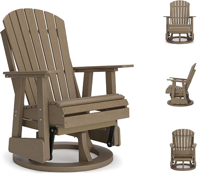 Signature Design by Ashley Hyland Wave Contemporary Swivel Glider Adirondack Chair with 360-Degree Swivel, Weather Resistant HDPE, 18" Seat Height, Brown