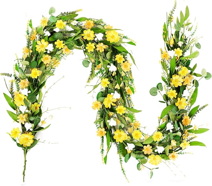 6.5 Ft Summer Garland for Mantle Artificial Yellow Daisy Swags Spring Wedding Decor Yellow Wildflower White Flowers Garland Vine for Porch Table Indoor Door Home All Year Decoration