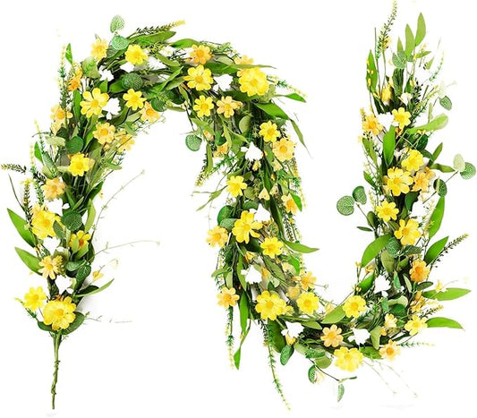 6.5 Ft Summer Garland for Mantle Artificial Yellow Daisy Swags Spring Wedding Decor Yellow Wildflower White Flowers Garland Vine for Porch Table Indoor Door Home All Year Decoration