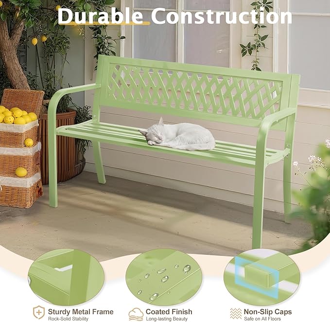 Outvita Outdoor Bench, 47" Iron Steel Frame Garden Bench with Mesh Pattern and Plastic Backrest Armrests, Patio Bench for Garden Park Yard Front Porch Patio, Green