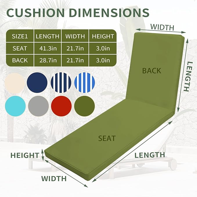 Outdoor Chaise Lounge Cushions for Patio, 71"x22"x3" Lounge Chair Cushions, Waterproof Replacement Seat Pads for Outdoor Furniture (Green, 2 Pcs)