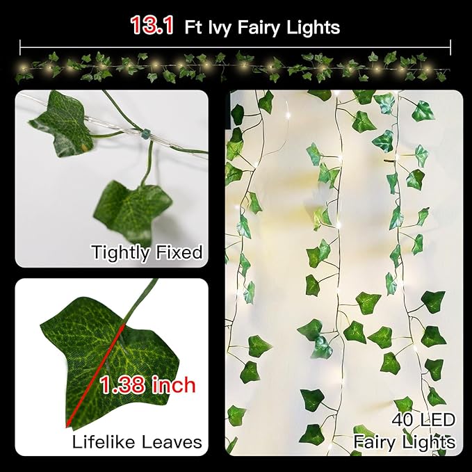 suddus Vine with Fairy Lights Battery Operated, 13.1ft 40 LED Ivy String Light with Remote, Leaf Lights for Bedroom, Room, Wall, Garden, Party, Wedding Dorm Decor (Warm White)
