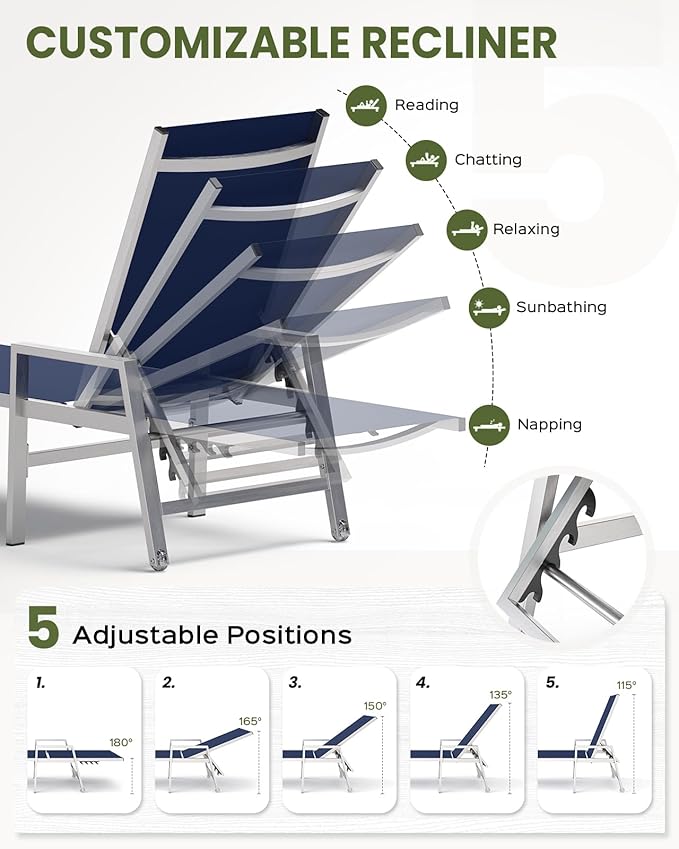 Patio Chaise Lounge Chair Outdoor with Wheels&Armrests, Aluminum Pool Lounge Chairs 5-Position Adjustable Recliner, Outdoor Beach Lounge Chairs for Poolside, Patio, Deck, Yard, Navy Blue