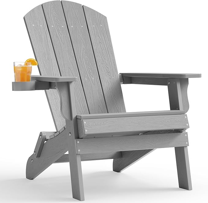 YEFU Adirondack Chair, Oversized Plastic Adirondack Chair Folding Outdoor Chairs with Cup Holder, Lawn Chair with Weather Resistant for Outside Deck Lawn Garden, Weight Capacity Up to 400 Lbs –Grey