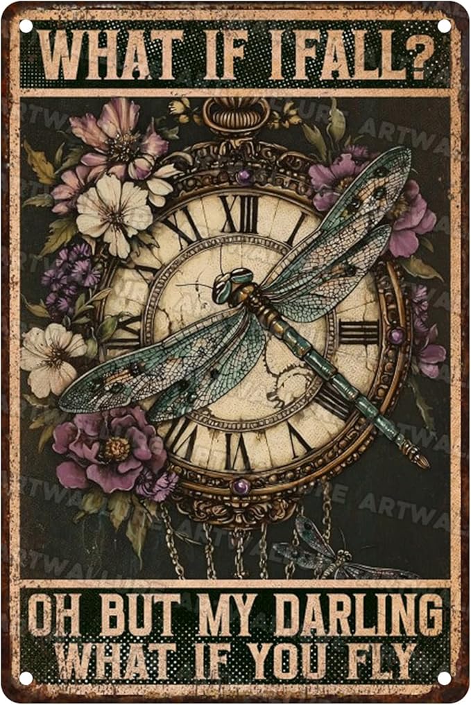 Dragonfly Tin Sign “What If I Fall” - Vintage Hippie Metal Wall Art for Bedroom, Home Office, Cafe & Boho Decor 8x12 Inch