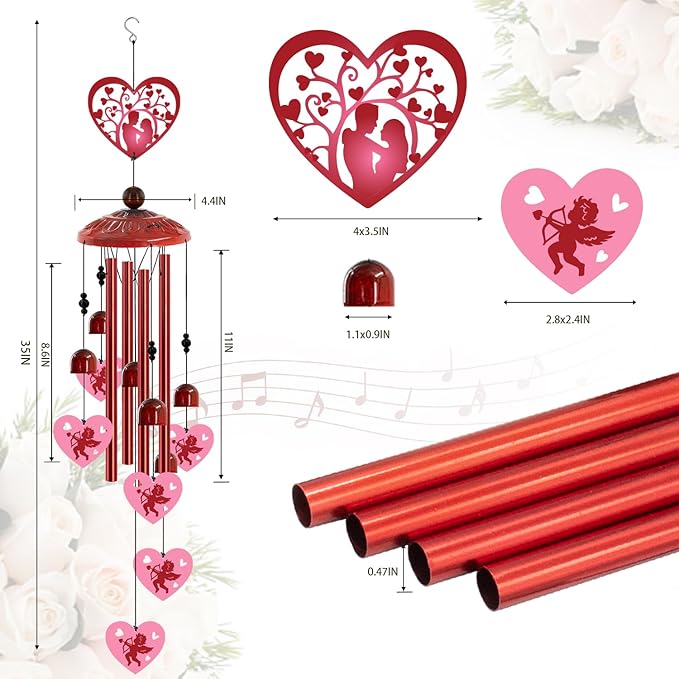 Love Heart Wind Chimes Outdoor,Romantic Metal Wind Chime for Couples – Valentine’s Day Anniversary Wedding Gift for Wife & Husband, Cupid & Couple Garden Porch Decor (Red)