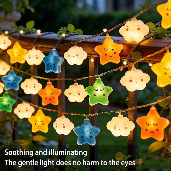 Colorful Clouds Stars Lights, 20 FT 40 LED Lights with Battery Operated Children's Bedroom Tents, Birthday Decorations, Wedding New Year Christmas Party Decoration (Stars Clouds, 20FT)
