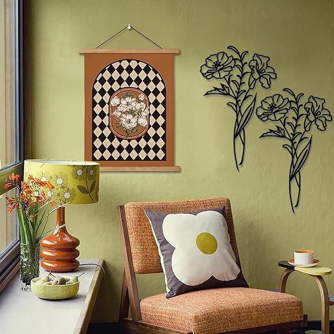 DUOOLN Metal Flowers Wall Art Decor, Minimalism Flower Hanging Iron Wall Decoration, Modern line Painting Wall Art Sculpture Sign，Home Bedroom Bathroom Outdoor Indoor Kitchen Decor