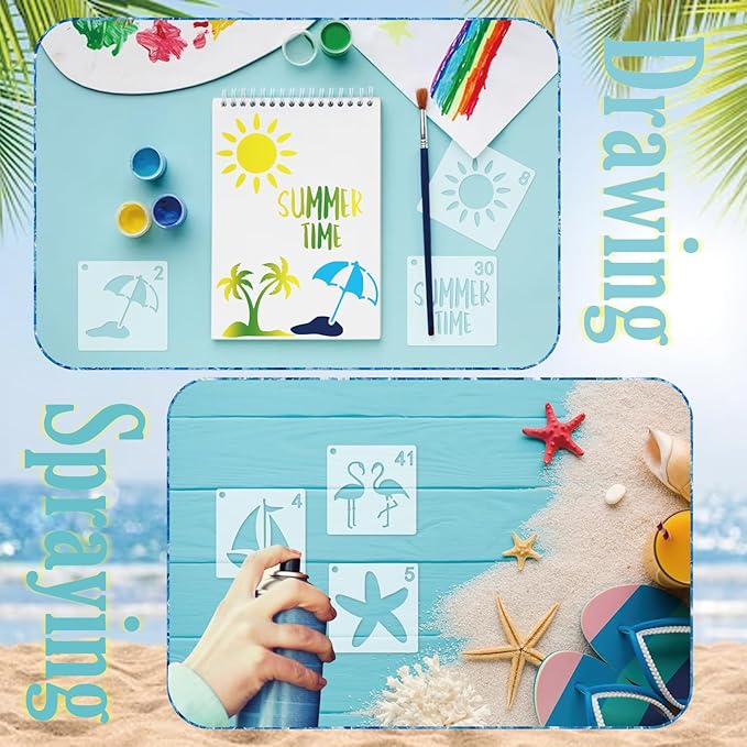 70pcs Ocean Stencils for Painting on Wood & Canvas - Summer Beach, Nature & Palm Tree Patterns (70 Beach)