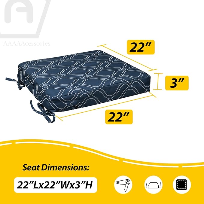 AAAAAcessories Outdoor Seat Cushions for Chairs, Waterproof, Fade-Resistant, 22" x 22" x 3", Patio Furniture Replacement Cushions, Set of 2, Slate Blue Vine Trellis