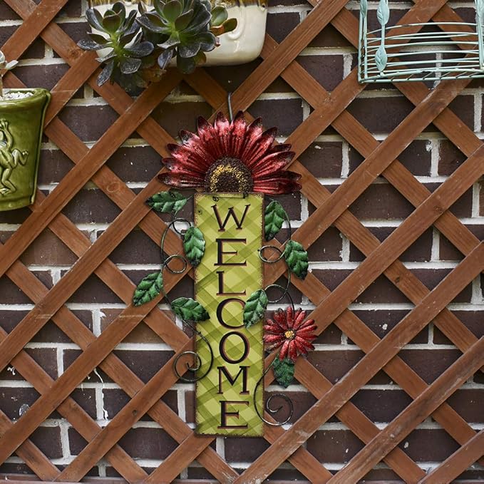 Attraction Design Welcome Sign for Front Door Decor Hanging Sign, Metal Flower Welcome Door Sign Wall Art Decor Hanging for Indoor Outdoor Patio Garden Yard Sign Porch Decoration 15.25X8.5In (3 Set)